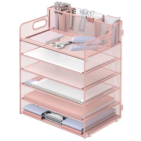 PRICES MAY VARY. [6 Trays & 3 Pen Holders] "Supeasy" pink desk organizers are multifunctional. This paper organizer provides 6 trays for organizing papers, letters, folders, files, books, mails, documents, etc. The pen holders on the top help organize your various pens, small notebooks, scissors and stapler. Our file organizer gives you large capacity for desk organization, keeping your office clean and tidy. [Sturdy] This file folder organizer is wholly made of metal mesh. Due to the mesh const Desk For Girls Room, Organizing Papers, Desk Paper Organizer, Pink Office Supplies, Organizer For Desk, Notebook Organizer, Desk Organizer Tray, Folder Organizer, Book Organizer