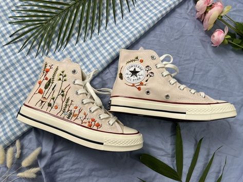 Converse embroidery, converse hitop, custom converse, embroidery converse, converse custom, embroidery converse Converse Shoes Embroidery, Wedding Converse Shoes, Floral Embroidery Shoes, Shoe Embroidery, Shoes Embroidery, Converse Wedding Shoes, 1970s Wedding, Embroidered Converse, Mushroom Garden