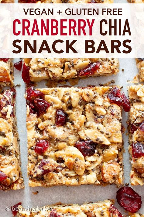 Cranberry Chia Gluten Free Vegan Snack Bars: this healthy vegan snack bars recipe yields chewy & satisfying bars! The best vegan snack bars recipe—packed with chia & flax to keep you full! #Snacks #Bars #GlutenFree #Vegan #Chia | Recipe at BeamingBaker.com Snack Bars Healthy, Dorm Snacks, Snack Bar Recipes, Best Vegan Snacks, Vegan Gluten Free Snacks, Energy Bars Recipe, Healthy Snack Bars, Biscuits Diététiques, Healthy Granola Bars