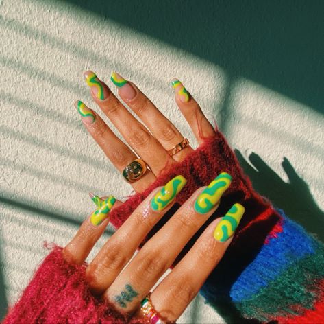 Yellow Funky Nails, Funky Square Nails, Funky Green Nails, Bright Colour Nails, Summer Funky Nails, Artsy Nails Designs, Wild Nails, Plastic Nails, Two Color Nails