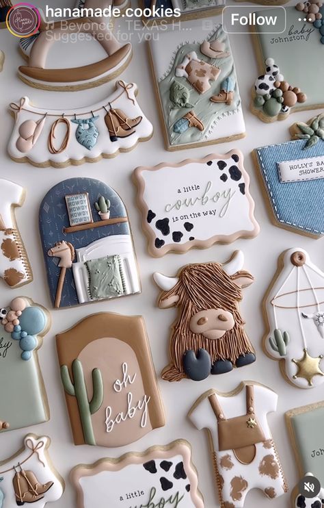 Cow Themed Cookies, Farm Baby Shower Cookies, Highland Cow Baby Shower Cookies, Highland Cow Cookies Decorated, Cowboy Cookies Decorated, Cowboy Baby Shower Cookies, Western Baby Shower Cookies, Highland Cow Cookies, Western Cupcakes