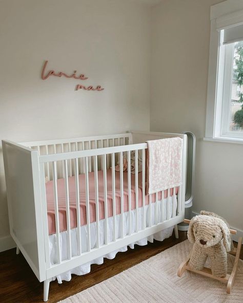 Sarah | Nursery Decor & Design on Instagram: “As if the plush dog rocker wasn’t adorable enough, their real life puppy makes the space!⁠ ⁠ They painted their name script a precious pop…” Baby Girl Nursery, Nursery Decor Girl, Plush Dog, Solid Hardwood, Girl Nursery, The Space, Little Princess, Baby Nursery