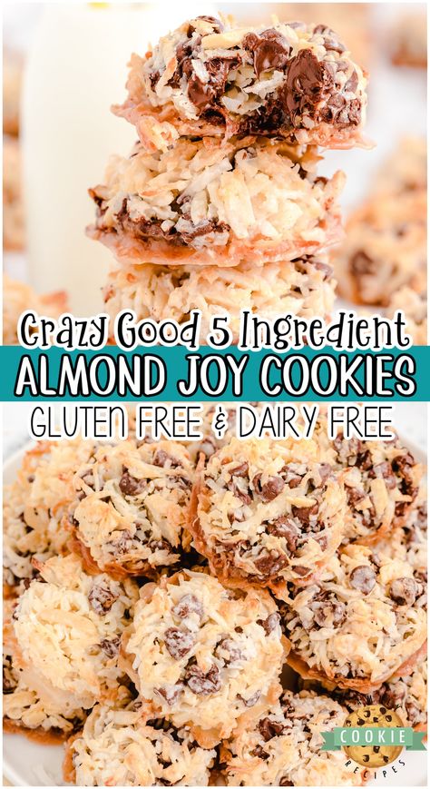 ALMOND JOY COOKIES - Family Cookie Recipes Zero Point Almond Joy Cookies, Healthy Almond Joy Cookies, Gluten Free Almond Joy Cookies, Almond Joy Cookies 4 Ingredients, Dairy Free Cookie Recipes, Gluten Free Dairy Free Cookies, Dairy Free Cookie Recipe, Almond Joy Bars, Chocolate Coconut Cookies