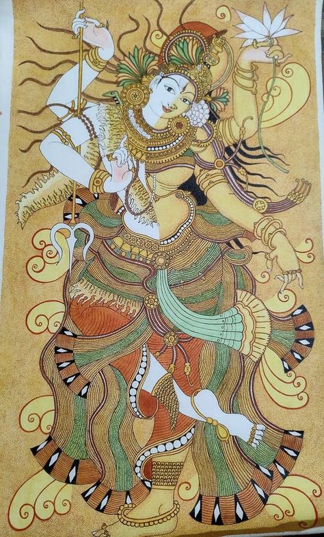 Kerala mural painting world | Acrylic on canvas, Kerala mural, 46x84cm | Facebook Kerala Mural Painting Shiva, Folk Art Around The World, Shiva Mural Painting, Kerala Mural Painting Shiva Parvati, Kerela Murals Paintings, Kerala Mural Painting On Canvas, Mural Painting Kerala, Shakti Dance, Gods Painting