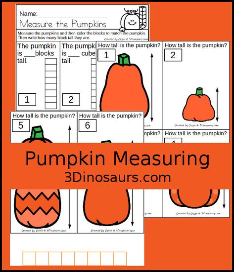 Free Measure the Pumpkin Printable - with 6 fun pumpkins to measure and recording sheet - 3Dinosaurs.com #prek #kindergarten #measurementforkids #freeprintable #3dinosaurs #pumpkinsforkids #mathprintable Pumpkin Measurement Activities, Pumpkin Measuring Preschool, Spatial Relationships Preschool, Estimation Activities, Pumpkin Math Activities, Pumpkins Preschool, Pumpkin Math, Free Math Printables, 3 Dinosaurs