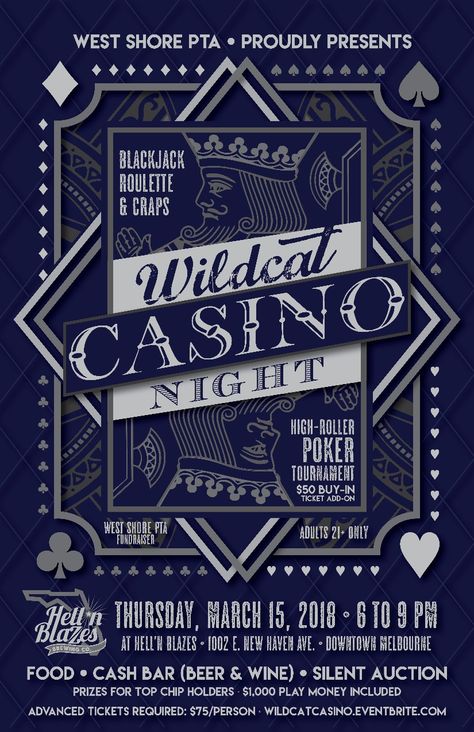 West Shore PTA presents Wildcat Casino Night - promotional poster by Visual Delights DESIGN Prom Posters, Casino Logo, Ball Aesthetic, Promotional Poster, Poker Tournament, Canvas Learning, Casino Poker, Casino Night, Casino Theme