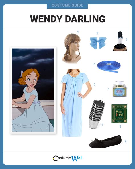 The best costume guide for dressing up as Wendy Darling, the oldest sister who journeys to Never Land in the classic Disney movie Peter Pan. Wendy Costume Diy, Diy Wendy Darling Costume, Diy Wendy Costume, Movie Characters To Dress Up As, Wendy Peter Pan Costume, Wendy Darling Costume, Maleficent Costume Kids, Wendy Costume, Film Peter Pan