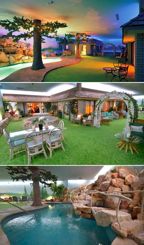 This underground ground house in Las Vegas is built 26 foot underground with a subterranean home design that makes you feel as if you are in a normal home with a backyard with grass landscaping, swimming pool, trees and murals painted to reflect natural landscaping and the horizon. Bunker House Underground, Underground House Design, Under Ground Homes, Under Ground Bunker, Underground Bunker Luxury, Bunker Ideas Underground, Subterranean Homes, Bunkers Underground, Pool Trees