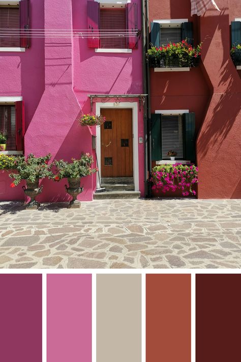 Brown and Pink Color Palette: A charming building with a bright pink facade, accented by deep red shutters and colorful flower boxes, creating a lively and inviting scene. Brown And Pink Color Palette, Color Scheme Generator, Red Shutters, Pink Color Palette, Color Palette Pink, Brown And Pink, Different Shades Of Pink, Palette Color, Color Harmony