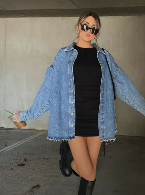 Denim Jacket Nashville Outfit, Jean Jacket Going Out Outfit, Denim Jacket Black Dress, Jean Jacket Womens Outfit, Jean Jacket With Dress Outfits, Fall Outfits Denim Jacket, Jean Jacket Over Dress, All Black Outfit With Jean Jacket, Fall Outfits With Jean Jacket