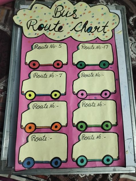 Bus route chart for classroom Bus Chart For Classroom, Bus Route Chart For Classroom, Chart Paper Ideas For School, Welcome Chart For School, Phonics Bulletin Board, Kindergarten Door, Chart For Classroom, Birthday Chart Classroom, Books Decoration