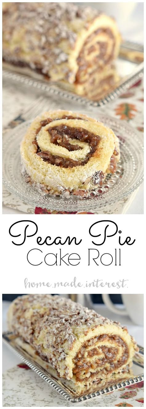 Pecan pie filling rolled into a light sponge cake make this pecan pie cake roll a perfect Thanksgiving dessert. Thanksgiving Jelly Roll Cake, Pecan Cake Roll Recipe, Swiss Roll Cake Filling, Holiday Roll Cake, Jellyroll Cake Recipes, Fall Cake Roll, Roll Cake Ideas, Roll Cakes Recipe, Jelly Roll Cake Recipe