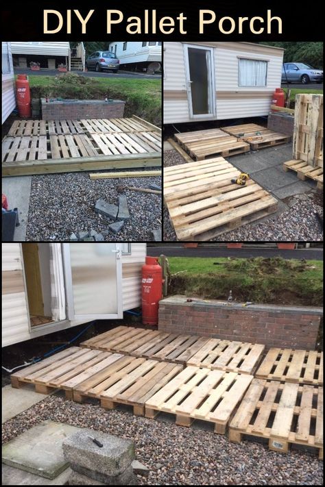 Camper Patio Ideas Diy, Outdoor Patio With Pallets, Rv Pallet Deck Ideas, Building A Porch On A Budget, Porch With Pallets, Diy Porch Floor Ideas, Patio Out Of Pallets, Easy Patio Flooring Diy, Porch Pallet Ideas