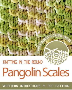 Pangolin Scales in the round - Knitting Stitches Knit And Purl Stitches In The Round, Knitting Stitch Patterns In The Round, Knit In The Round Patterns, Knitting In The Round Patterns, Knit Stitches In The Round, Knitting Stitches In The Round, Moss Blanket, Circular Knitting Patterns, Round Knitting