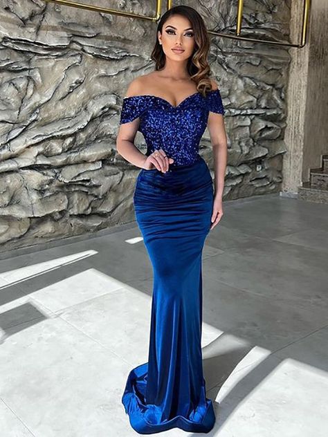 Sheath/Column Jersey Sequin Off-the-Shoulder Sleeveless Sweep/Brush Train Dresses Royal Blue Prom Dresses, Blue Mermaid, Dresses Royal, Royal Blue Dresses, Maxi Gowns, Cheap Prom Dresses, Formal Party, Mermaid Dress, Mermaid Prom Dresses