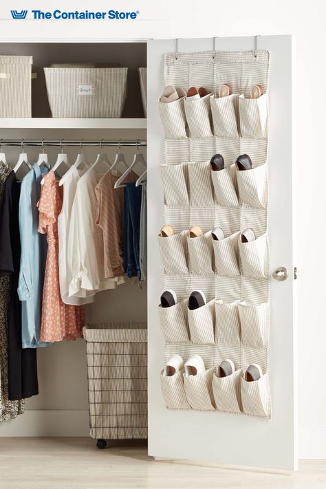 Covered in a vintage-inspired cottage stripe, the Farmhouse shoe organizer is a fresh way to make the most of your space. Three top hooks slide over most any closet door, instantly creating storage for up to 20 pairs of women's shoes or 10 pairs of men's. Gusseted pockets keep contents in place yet easy to access. An interior steel support prevents sagging. Great for making the most of your space in a dorm or small apartment closet. Over The Door Shoe Organizer Ideas, Bedroom Closet Door Organizer, Organizing Shoes In Small Closet Hanging, Uses For Hanging Shoe Organizer, Hanging Door Shoe Organizer, Over The Door Closet Organizer Kids, Small Apartment Closet, Closet Door Storage, Best Shoe Rack