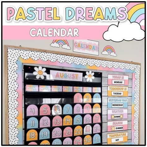 LearningwithKiki - Etsy Pastel Classroom Bulletin Boards, Classroom Decor Pastel, 4th Grade Classroom Setup, Pastel Classroom Decor, Teaching Classroom Decor, Interactive Displays, Teacher Files, Calm Classroom, Today Is Monday