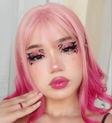 Alt Easter Makeup, Pink Creative Makeup Looks, Pink Graphic Makeup Looks, Goth Heart Makeup, Goth Pink Makeup Looks, Pink Eyes Makeup Look, White And Pink Makeup Looks, Pink Devil Makeup, Egirl Makeup Goth Pink