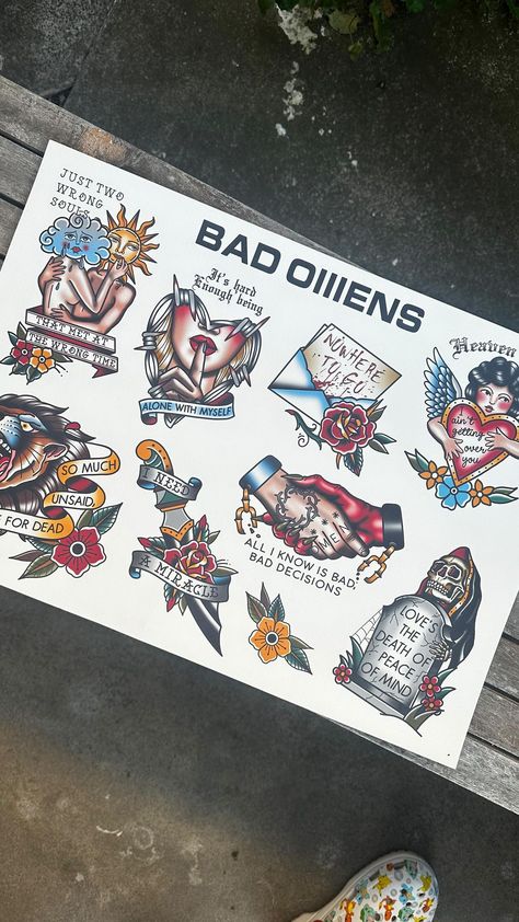 Bad omens flash sheet is FINALLY FINISHED! Even if it took way longer than expected and I got sidetracked a few times 😂 #badomens… | Instagram Bad Omens Tattoo, Song Names, Emo Tattoos, Lyric Tattoos, Palm Tattoos, Traditional Tattoo Sleeve, Flash Sheet, Tattoo Flash Sheet, Metal Tattoo