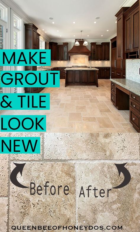 How To Clean Tile Floors Kitchens, Cleaning Stone Floors, How To Clean Ceramic Tile Floors, Travertine Kitchen Floors, Natural Stone Tile Bathroom, Travertine Kitchen, Making Tiles, Cleaning Tile Grout, Grout Renew