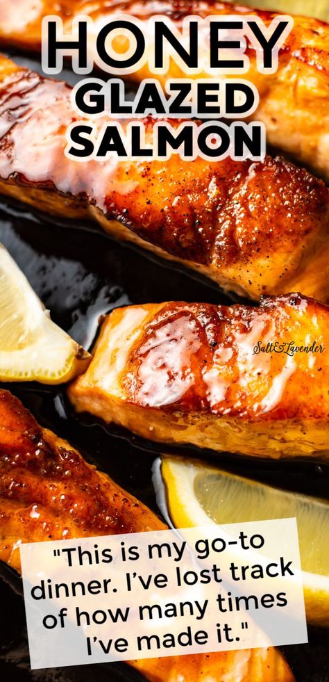 Simple, quick, and SO satisfying describes this honey glazed salmon recipe! Everyday ingredients are elevated into a special meal in this salmon dinner. Honey Pepper Salmon, Fresh Water Salmon Recipes, Salmon Glaze Recipes Healthy, Blackened Honey Glazed Salmon, Honey Lemon Glazed Salmon, Easy Honey Glazed Salmon, Orange Honey Salmon, Holiday Salmon Recipes, Honey Sauce For Salmon