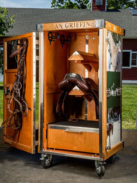 Tack Box Ideas, Saddle Stand Diy, Horse Tack Boxes, Dream Barn Stables, Tack Locker, Horse Tack Rooms, Tack Trunk, Saddle Stand, Tack Box