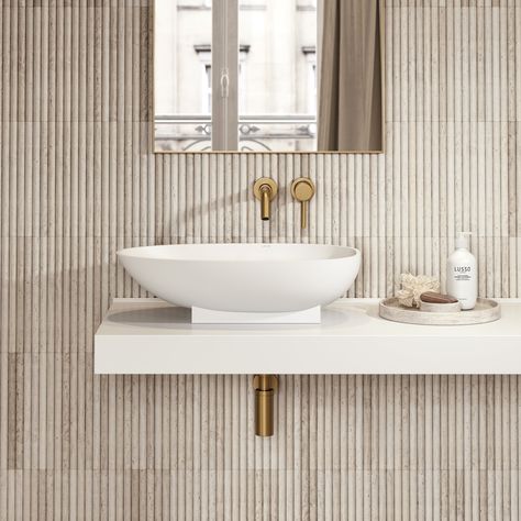 Bathroom Fluted Tiles, Fluted Wall Tiles Bathroom, Travertine Powder Room, Fluted Backsplash Kitchen, Fluted Bathroom Tiles, Fluted Tile Backsplash, Off White Tile Bathroom, Natural Powder Room, Neutral Tile Bathroom