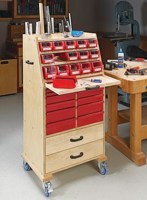 With simple plywood construction and a wide range of storage options, this cart holds a lot of supplies and lets you roll them right to the job at hand. Hardware Organizer, Smart Garage, Woodworking Tools Workshop, Essential Woodworking Tools, Bench Diy, Organisation Hacks, Diy Garage Storage, Cabinets Diy, Garage Storage Organization