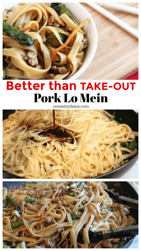 Better than Take Out Pork Lo Mein CHOW MEIN createdbydiane.com Asian Pork Noodle Recipes, Lo Mein Recipe Pork, Low Mein, Pork Chow Mein, Chinese Noodle Dishes, Healthy Asian, Asian Meals, Chow Mein Recipe, Chinese Foods