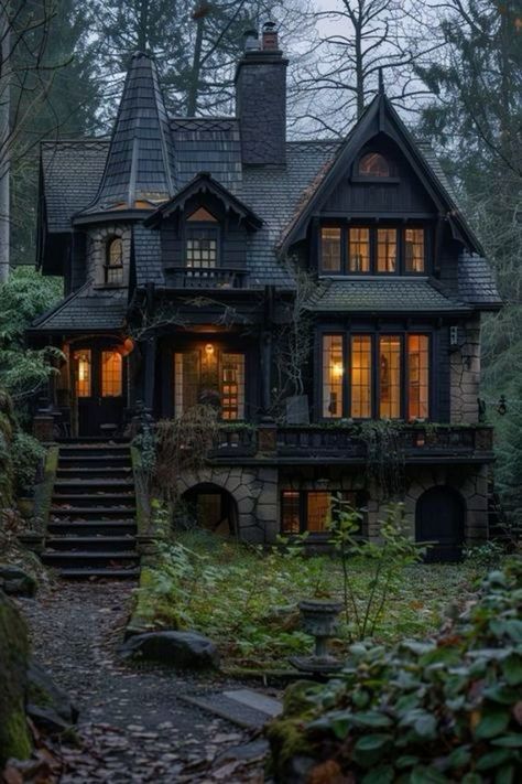 Victorian Fall House, Victorian Homes In The Woods, Cottage Core Architecture, Goth Farmhouse Exterior, Victorian House In The Woods, English Gothic House, Witchy House Aesthetic Exterior, Fall Victorian House, Spooky Mansion Aesthetic