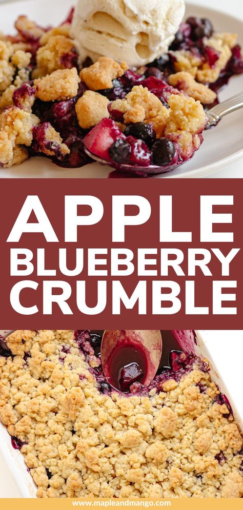 Get ready to fall in love with this blueberry and apple crumble recipe! This warm and comforting dessert features a combination of juicy blueberries and chopped apples with the most amazing buttery crumble topping. | www.mapleandmango.com Apple Blueberry Crumble, Quick Yummy Desserts, Blueberry Crumble Recipes, Sour Cream Chocolate Cake, Apple Blueberry, Cherry Crumble, Apple Crumble Recipe, Blueberry Topping, Comfort Desserts