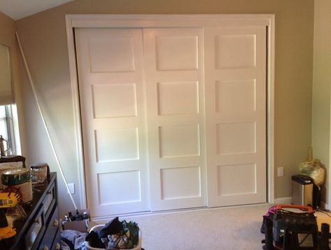 Triple Bypass Closet Doors Triple Bypass Closet Doors, Moody House, Closet Doors Painted, Small Master Closet, Double Closet Doors, Small Closet Organization Bedroom, Closet Room Organizer, Closet Small Bedroom, Home Office Closet