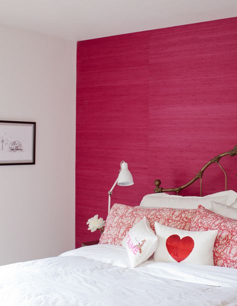 Color Crush: Turn Up The Heat With Bold Yet Livable Raspberry - House & Home Pink Grasscloth Wallpaper, Pink Feature Wall, Eclectic Bedrooms, Wallpaper Headboard, Hot Pink Bedrooms, Pink Accent Walls, Hot Pink Walls, Pink Headboard, Murs Roses