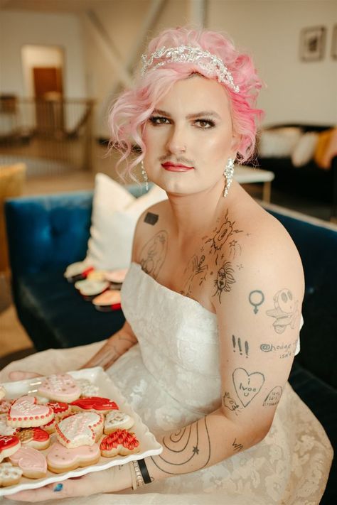 Pink hair bride| Image by Zack and Rosalie Queer Valentines Day, Pink Hair Bride, Pink Lesbian Wedding, Lesbian Goth And Pastel, Pink Fairy Kei Wedding Dress, Alt Bride, Girl With Pink Hair, Gender Fluid Fashion, Rainbow Wedding