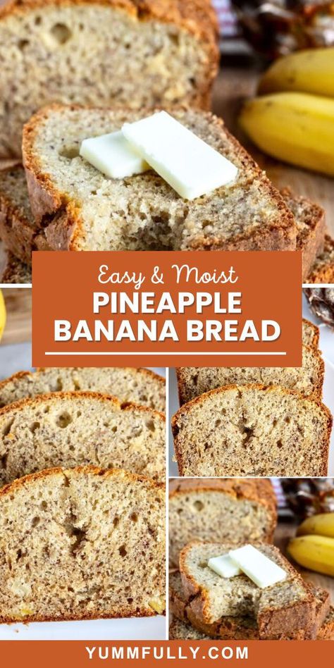 Sweet bananas and juicy pineapple make a great combo in this moist and delicious Pineapple Banana Bread. Easy to prepare in just one bowl, cleanup is quick and effortless. Make good use of your overripe bananas and surprise your family with this moist and flavorful loaf! Banana Bread With Pineapple, Pineapple Banana Bread, Banana Bread Easy, Banana Recipes Overripe, Pineapple Bread, Banana Bread Recipe Moist, Apple Recipes Easy, Bread Easy, Sweet Potato Wedges