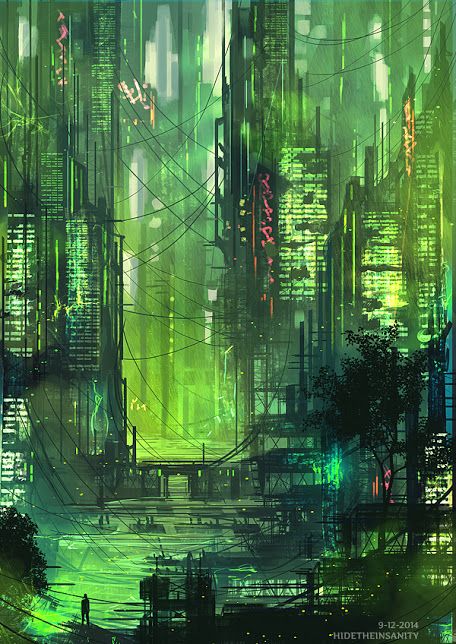 Green canal Science Fiction Kunst, Ville Cyberpunk, Futuristic Cityscape, Art Cyberpunk, Sci Fi City, Dark Green Aesthetic, New Retro Wave, Cyberpunk Aesthetic, Cyberpunk City