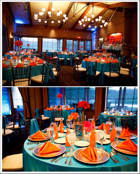 Peacock And Orange Wedding, Teal Blue And Orange Wedding, Teal And Orange Wedding Cake, Teal Table Decor, Teal Orange Weddings, Orange And Teal Wedding, Teal Fall Decor, Teal And Orange Wedding, Colorful Reception