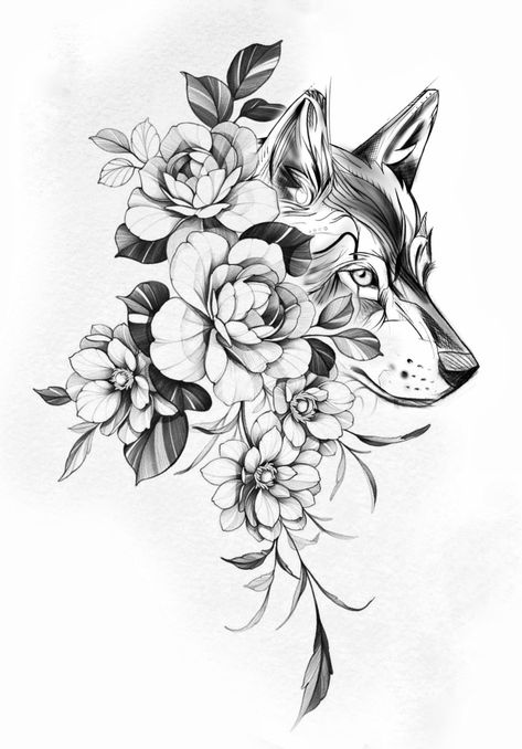 Floral Wolf Tattoo, Wolf Tattoo Sketch, Forest Animal Tattoo, Front Thigh Tattoos, Positivity Tattoo, Wolf Tattoos For Women, Feminine Shoulder Tattoos, Shoulder Sleeve Tattoos, Tattoo Wolf