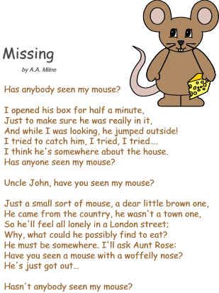 Mouse Poem Storytime Songs, Silly Poems, A A Milne, Pre K Activities, Preschool Songs, Circle Time, Animal Posters, Teacher Ideas, A Mouse