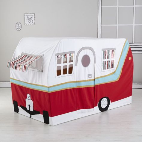 Our camper kids playhouse has an awning and curtains that look just like the real thing.  Pair it with our play Campfire Set and Log Seat to finish the look. Camper Playhouse, Indoor Playhouse, Kids Play Tent, Land Of Nod, Kids Tents, Bed Tent, Kids Playhouse, Play Tent, Kids Playroom