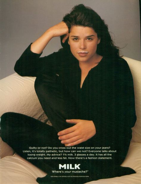 Party of Five's Neve Campbell went black-on-black for a simple ad. Got Milk Ads, Milk Ads, Bart And Lisa Simpson, Jonathan Lipnicki, Jonathan Taylor Thomas, Got Milk, Neve Campbell, Lena Headey, Annie Leibovitz