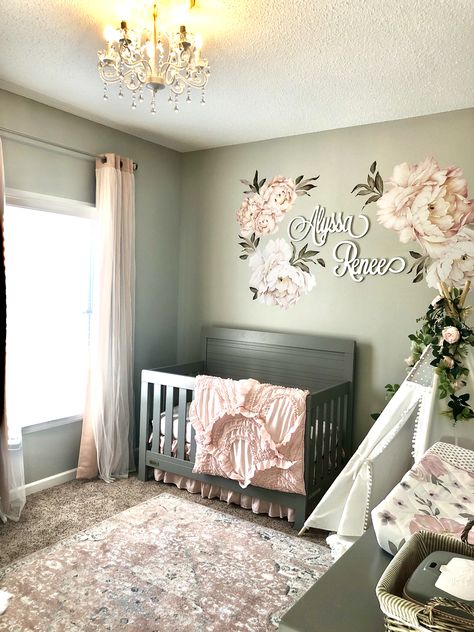 Nursery Ideas Grey And Pink, Nursery Ideas Green And Pink, Nursery Decor Accent Wall, Soft Pink And Grey Nursery, Safe And Blush Nursery, Light Pink And Sage Nursery, Baby Girl Nursery Grey Crib, Grey Nursery Ideas Girl, Blush And Grey Nursery