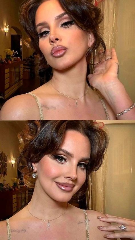 Lana Del Rey Eyeshadow, Lana Del Rey Concert Hair, Lana Del Rey Wedding Makeup, Iconic Celeb Makeup Looks, Celebrity Hooded Eyes, Glam Simple Makeup, Romantic Sultry Makeup, Elegant Formal Makeup, Lana Del Rey Updo