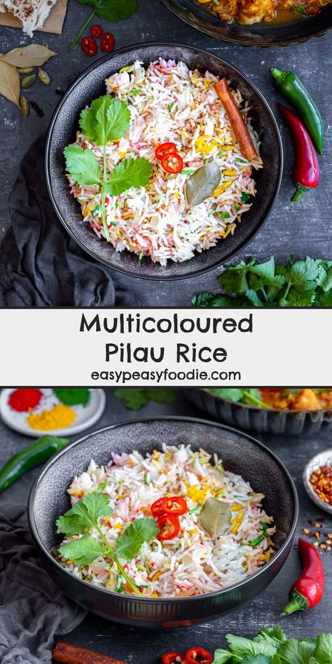 Love the colourful pilau rice you get in Indian restaurants? Well, now you can make your own! Better still, this easy peasy recipe for Multicoloured Pilau Rice is ready in just 30 minutes and practically foolproof! #rice #pilaurice #homemadepilaurice #multicolouredpilaurice #pilau #curry #indianfood #fakeaway #indianfakeaway #under30minutes #under500calories #vegetarian #easyentertaining #easymeals #midweekmeals #easyrecipes #easydinners #dinnertonight #familydinners #familyfood #easypeasyfoodie Rainbow Rice Recipe, Pilau Rice Recipe Indian, Pilau Rice Recipe, India Recipes, Coloured Rice, Pilau Rice, Fakeaway Recipes, Indian Rice Recipes, Homemade Curry