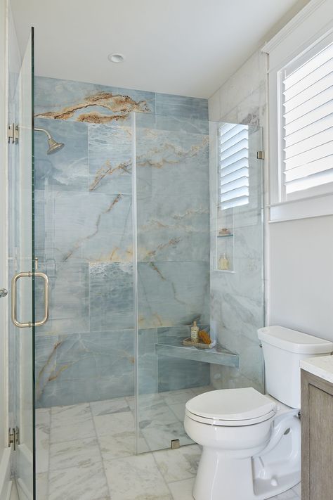 MH0923_0051 Beach House Bathroom Tile, 2023 Shower Tile, Blue Marble Bathroom, Blue Shower Tile, Coastal Bathroom Design, Beach House Bathroom, House Bathrooms, Coastal Bathrooms, Bathroom Inspiration Decor