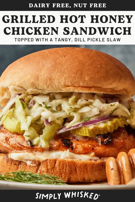 Honey Dill Chicken, Hot Honey Chicken Sandwich, Pickle Slaw, Honey Chicken Sandwich, Chicken Recipes Dairy Free, Hot Honey Chicken, Dill Chicken, Dairy Free Dinner, One Pot Dinners