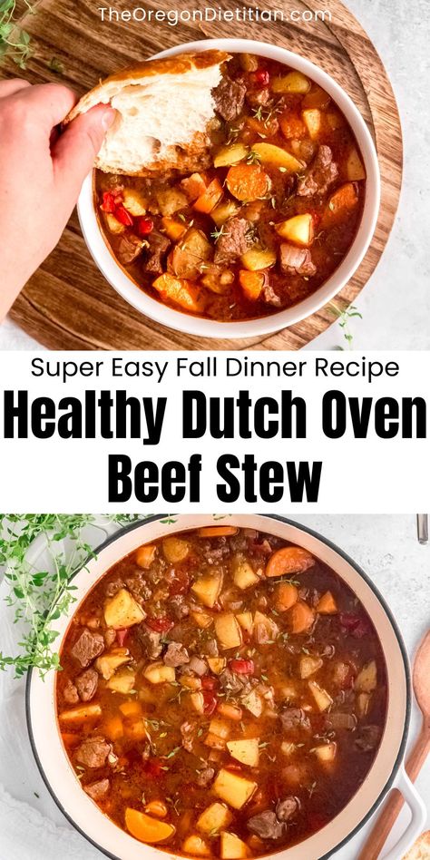 Warm up with this hearty and healthy Dutch oven beef stew! Packed with tender beef, fresh vegetables, and flavorful herbs, this easy recipe is perfect for a comforting family meal. Made with wholesome ingredients and cooked to perfection in a Dutch oven, this stew is nutritious and delicious. Save this recipe for a cozy, satisfying dinner that everyone will love! #dutchovenrecipes #easydinnerrecipes Dutch Oven Beef Stew Recipes, Beef Stew Recipe Oven, Beef Vegetable Stew, Dutch Oven Soup, Beef Stew Healthy, Dutch Oven Beef Stew, Easy Fall Dinner Recipes, Oven Beef Stew, Dutch Oven Beef