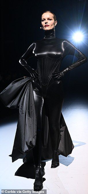 Racy: Eva Herzigova walks the runway in a sexy PVC catsuit with silk bow Mugler Catsuit, Mugler Black, Black Leather Outfit, Black Catsuit, Eva Herzigova, Silk Bow, Thierry Mugler, Irina Shayk, Leather Outfit