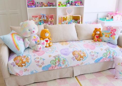 Carebear Room Decor, Kidcore Apartment, Cubby Aesthetic, Care Bears Bedroom, Care Bear Bedroom, Care Bear Room, Cute Couch, Themed Homes, Little Spaces