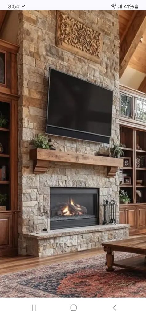 Rock Fireplace With Tv, Stone Fireplace And Built Ins, Rustic Farmhouse Fireplace With Tv, Farmhouse Rock Fireplace, Stone Fireplace Floor To Ceiling With Tv, Tv To Side Of Fireplace, Living Room Stone Fireplace, Fireplace With Cabinets, Fireplace With Tv